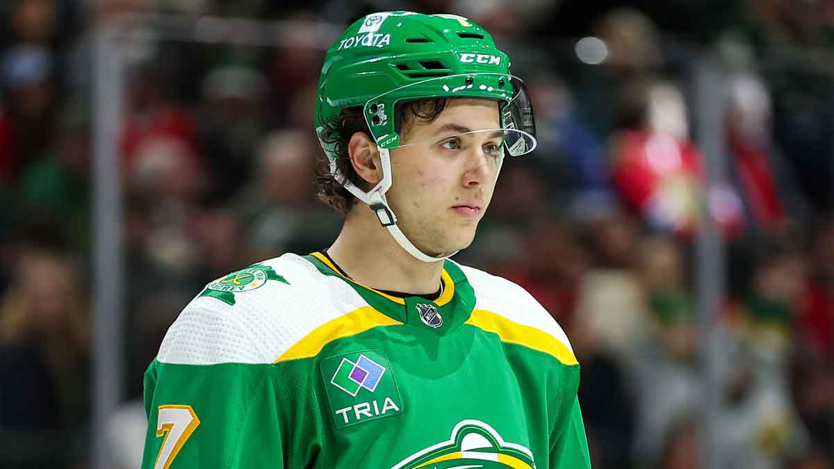 Minnesota Wild defenseman Brock Faber (7) looks on during the third period against the Chicago Blackhawks at Xcel Energy Center.