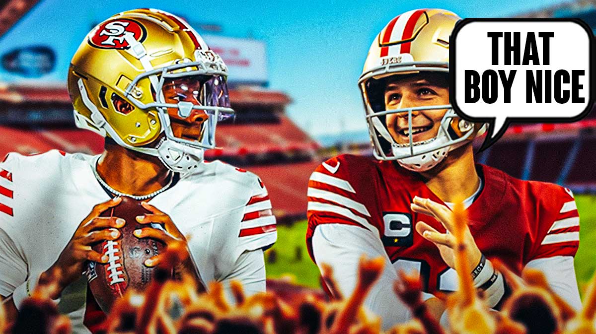 49ers' Brock Purdy smiling at a hyped up Josh Dobbs, with caption on Purdy: "THAT BOY NICE"