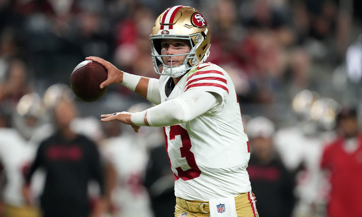 San Francisco 49ers quarterback Brock Purdy (13) throws the ball against the Las Vegas Raiders in the first half at Allegiant Stadium.