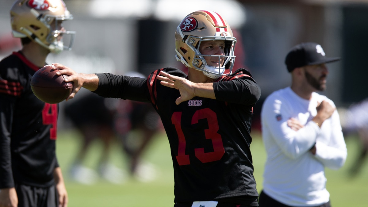 San Francisco 49ers quarterback Brock Purdy (13) throws a pass during Day 4 of training camp at SAP Performance Facility