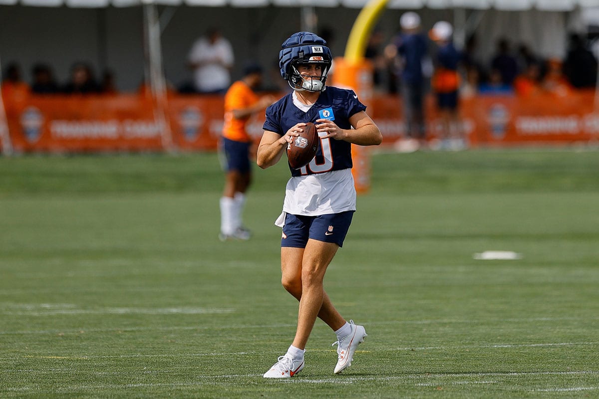 Denver Broncos quarterback Bo Nix (10) during training camp at Broncos Park Powered by CommonSpirit. 