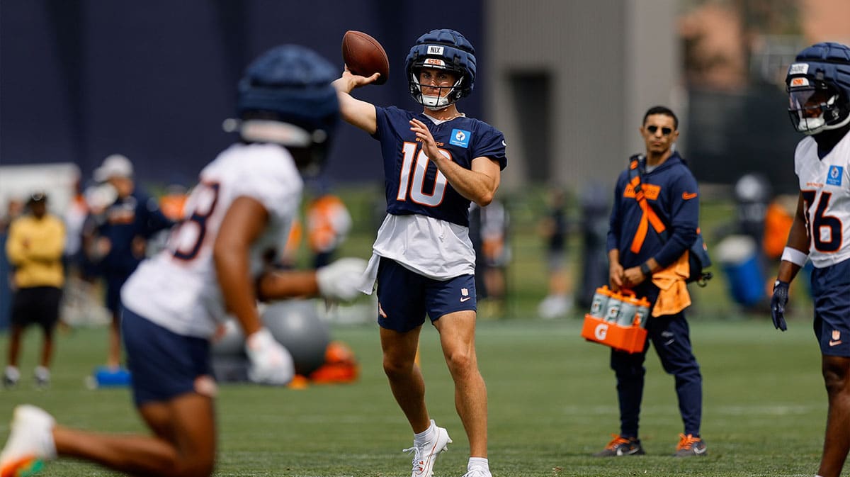 Denver Broncos quarterback Bo Nix (10) during training camp at Broncos Park Powered by CommonSpirit. 