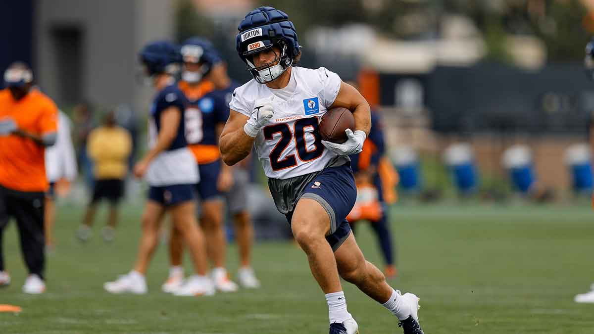 Denver Broncos fullback Michael Burton (20) during training camp at Broncos Park Powered by CommonSpirit.