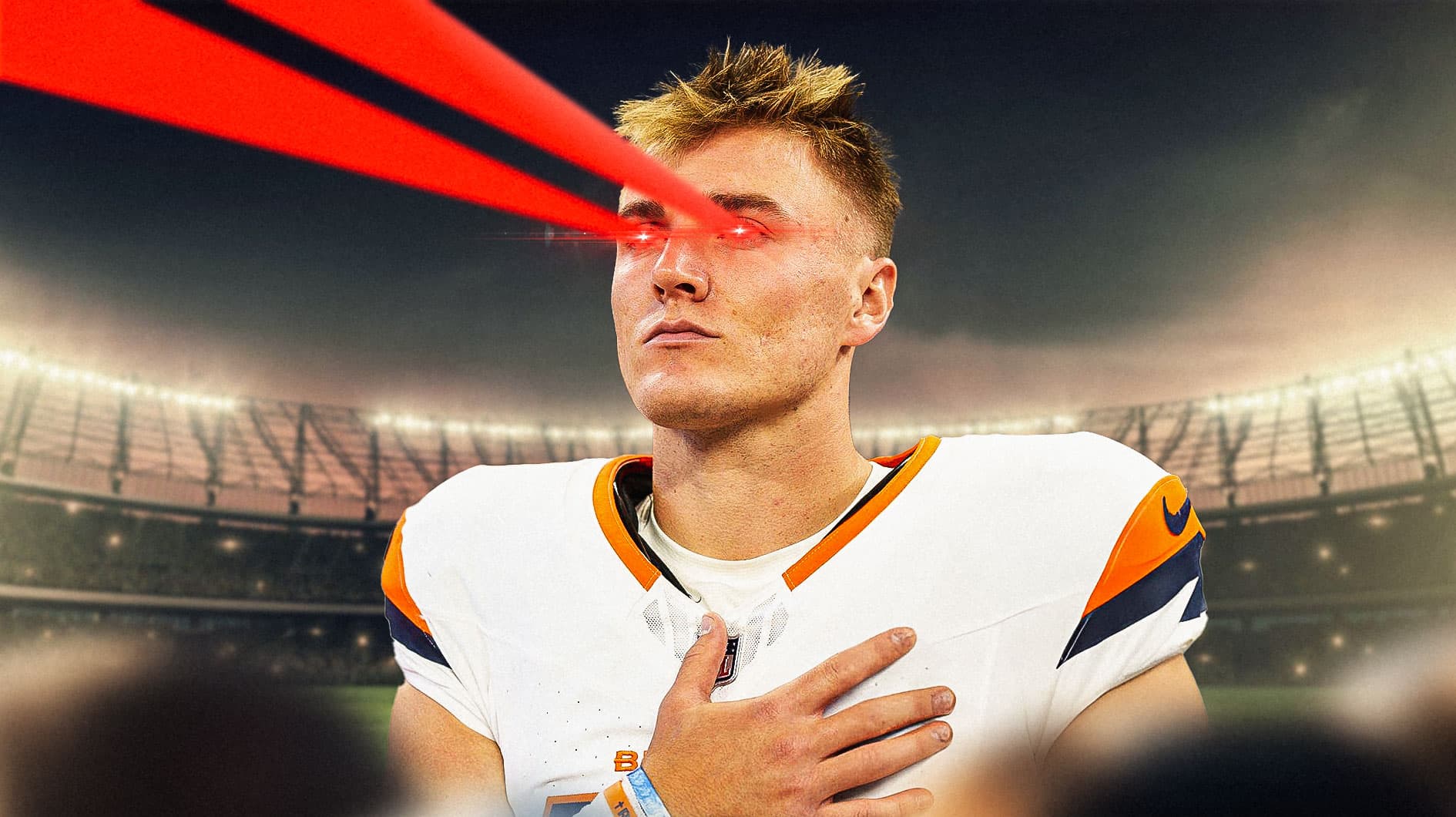 Denver Broncos quarterback Bo Nix (10) points during the second quarter against the Indianapolis Colts at Lucas Oil Stadium.