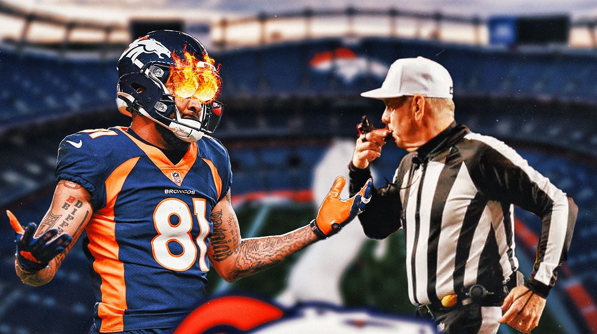 Tim Patrick with fire in his eyes alongside an NFL ref blowing a whistle featuring a Broncos-colored background.