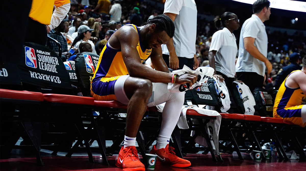 Los Angeles Lakers guard Bronny James (9) sits on the bench during the second half against the Houston Rockets at Thomas & Mack Center.