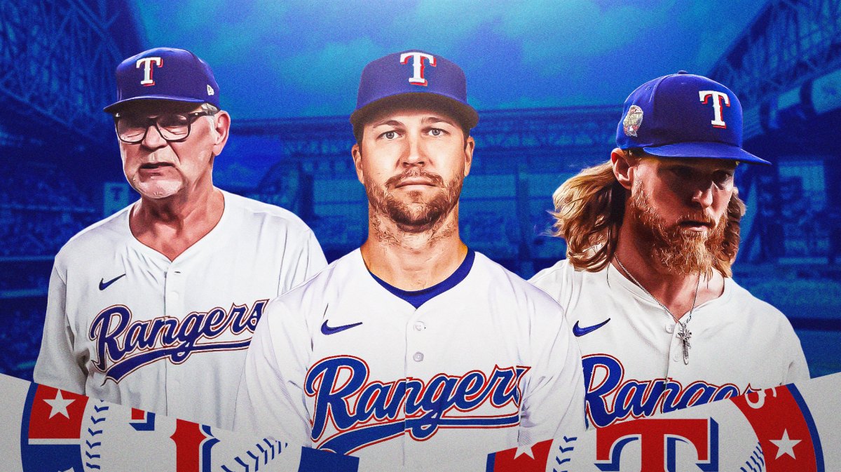 Rangers Bruce Bochy, Rangers Jacob deGrom, Rangers Jon Gray. Globe Life Field background.