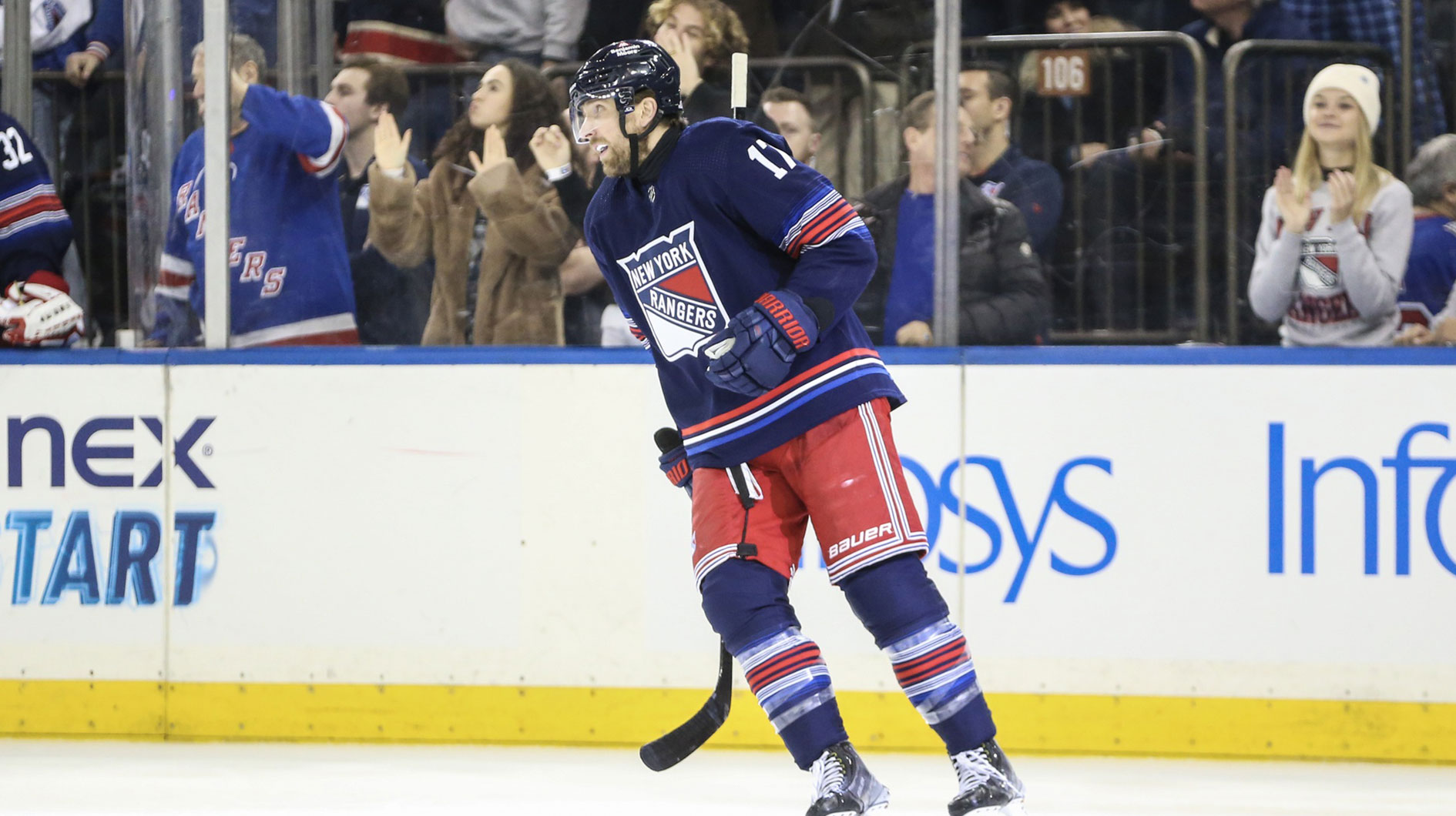 New York Rangers right wing Blake Wheeler (17) circles back to the ice after scoring a goal in the first period against the Vegas Golden Knights at Madison Square Garden.