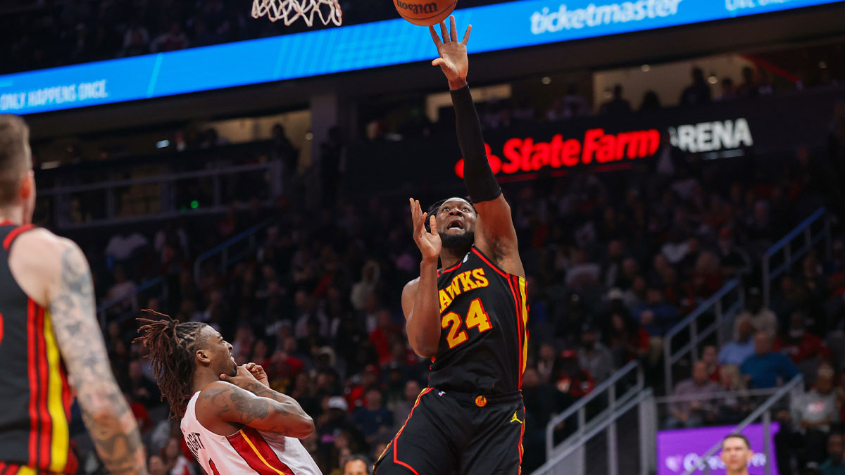 Atlanta Hawks forward Bruno Fernando (24) shoots against the Miami Heat in the second half at State Farm Arena.