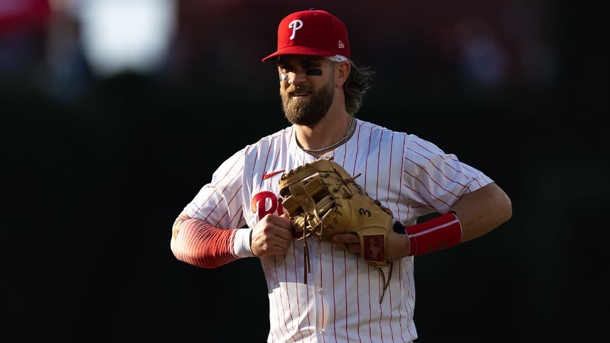 Philadelphia Phillies first baseman Bryce Harper (3) plays first base during the first inning against the Los Angeles Dodgers at Citizens Bank Park.