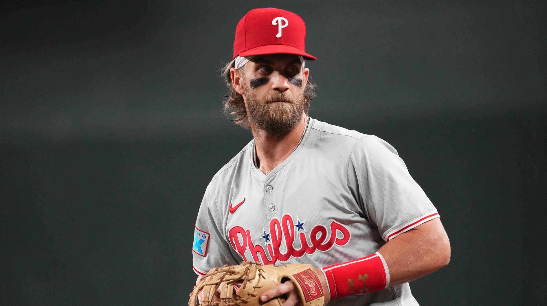 Philadelphia Phillies first base Bryce Harper (3) looks on against the Arizona Diamondbacks during the first inning at Chase Field.