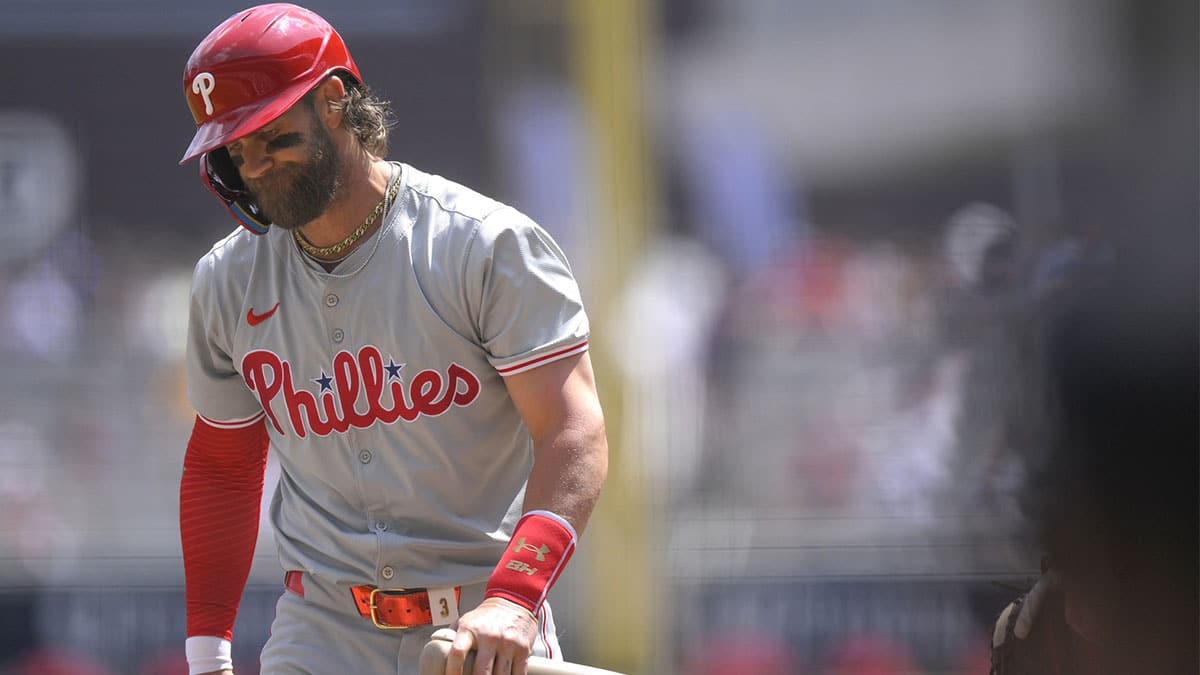  Philadelphia Phillies infielder Bryce Harper (3) reacts after taking a called third strike against the Minnesota Twins during the fifth inning at Target Field.