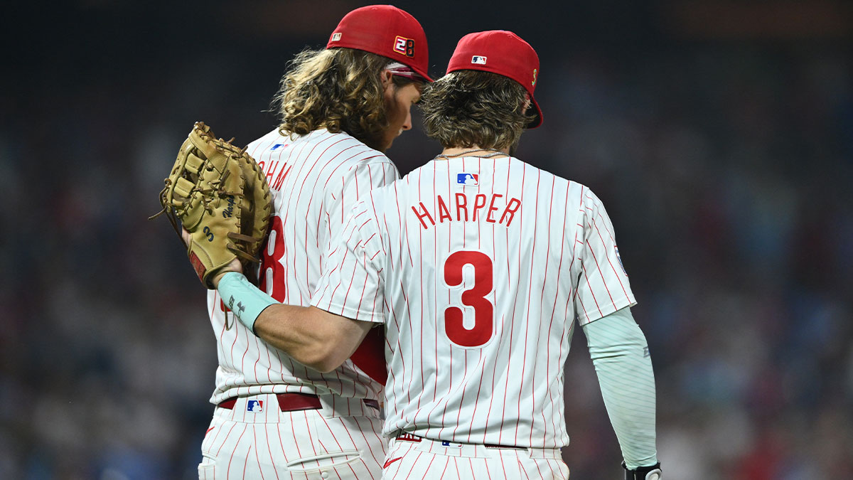 Aug 17, 2024; Philadelphia, Pennsylvania, USA; Philadelphia Phillies first baseman Bryce Harper (3) walks with infielder Alec Bohm (28) against the Washington Nationals in the eighth inning at Citizens Bank Park. Mandatory Credit: Kyle Ross-USA TODAY Sports