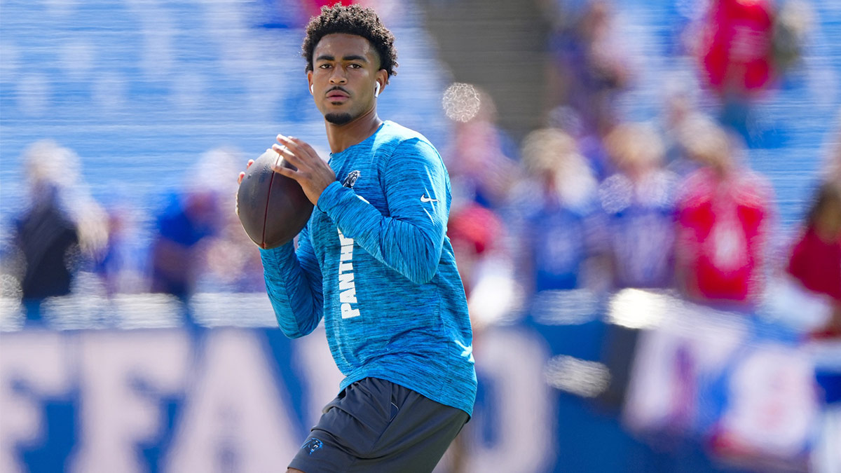 Carolina Panthers quarterback Bryce Young (9) warms up before the game against the Buffalo Bills at Highmark Stadium.