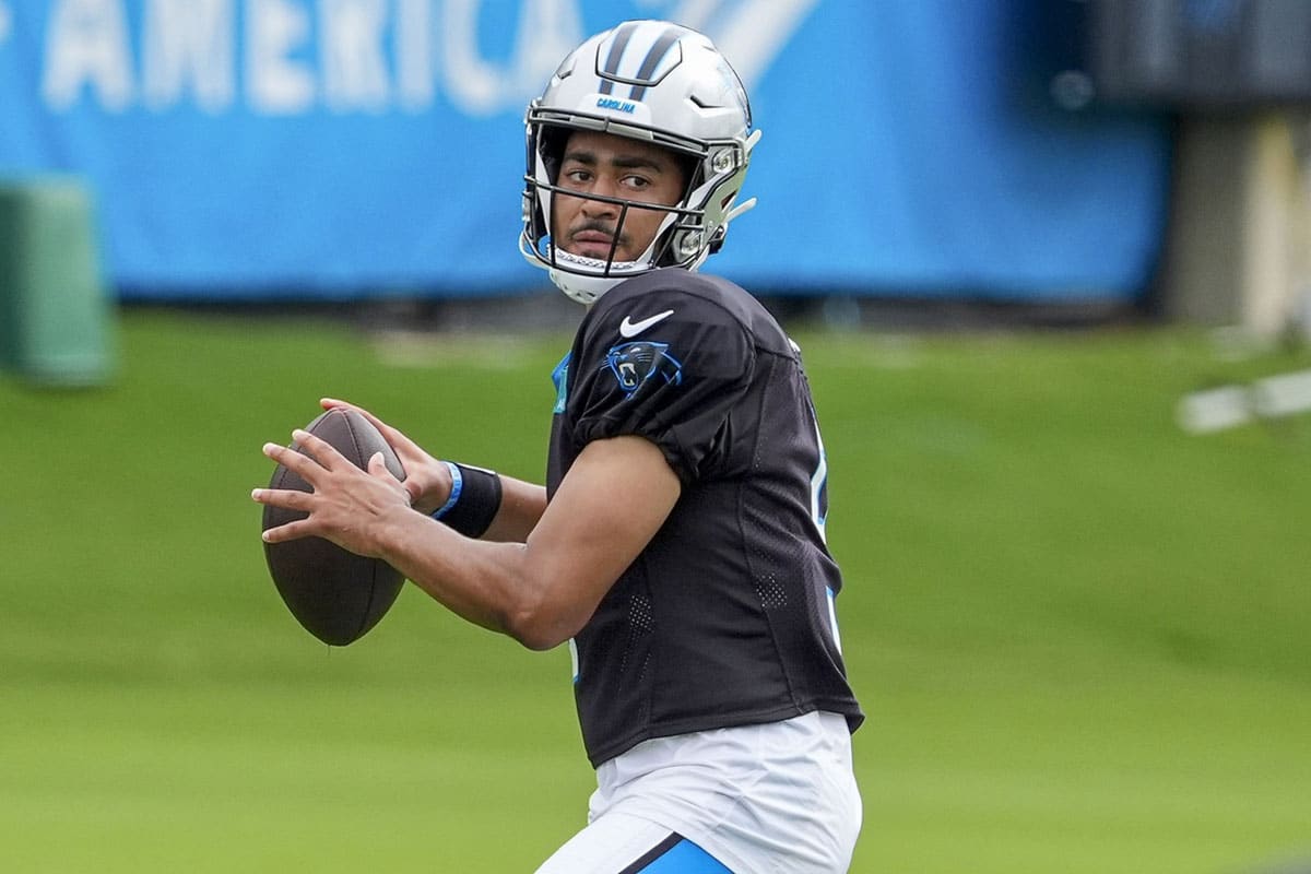 Carolina Panthers quarterback Bryce Young (9) throws during training camp at Carolina Panthers Practice Fields. 