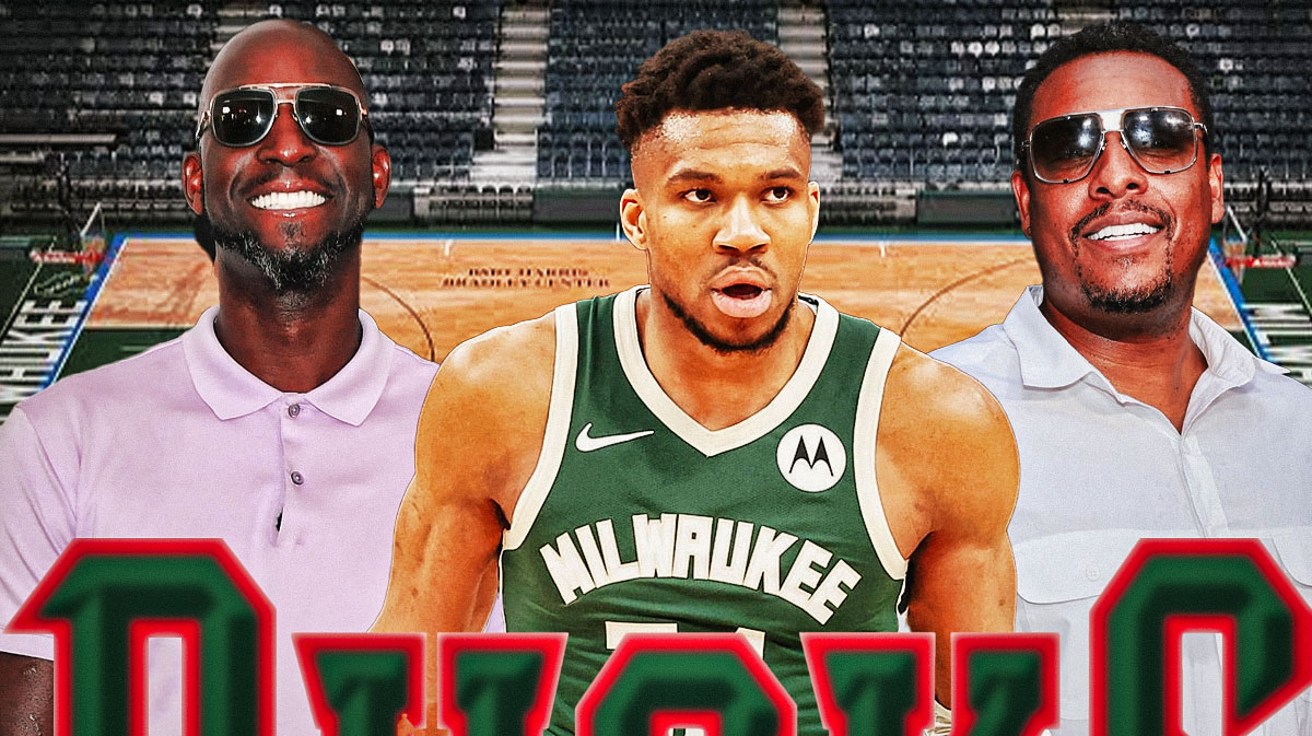 Milwaukee Bucks forward Giannis Antetokounmpo in the middle of Kevin Garnett and Paul Pierce