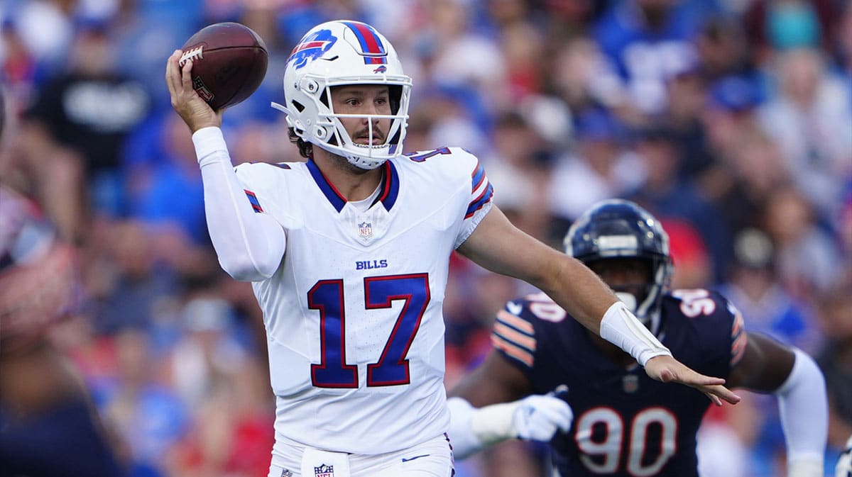 Buffalo Bills quarterback Josh Allen (17) attempts to throw the ball against the Chicago Bears during the first half at Highmark Stadium.