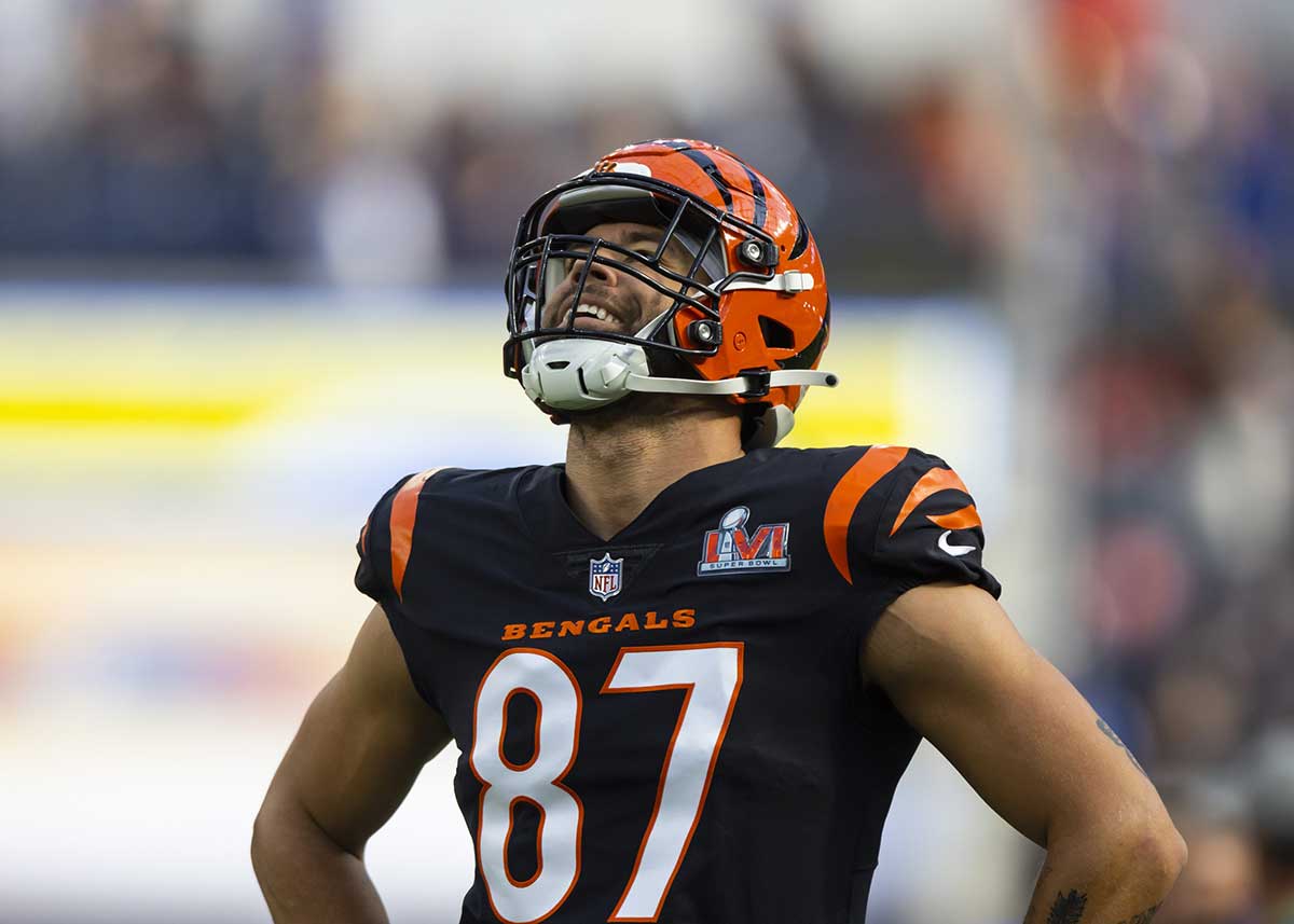 Cincinnati Bengals tight end C.J. Uzomah (87) against the Los Angeles Rams during Super Bowl LVI at SoFi Stadium.