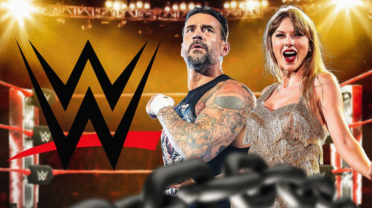 Taylor Swift next to CM Punk with the WWE logo as the background.
