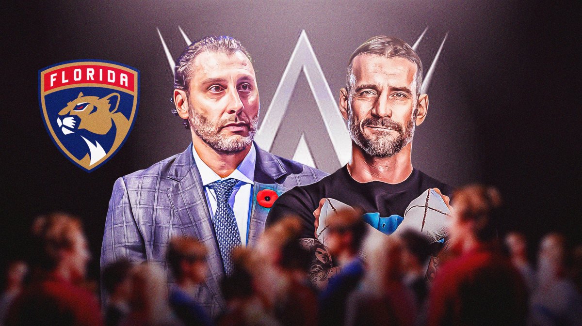 CM Punk next to Roberto Luongo with the WWE and Florida Panthers logos as the background.