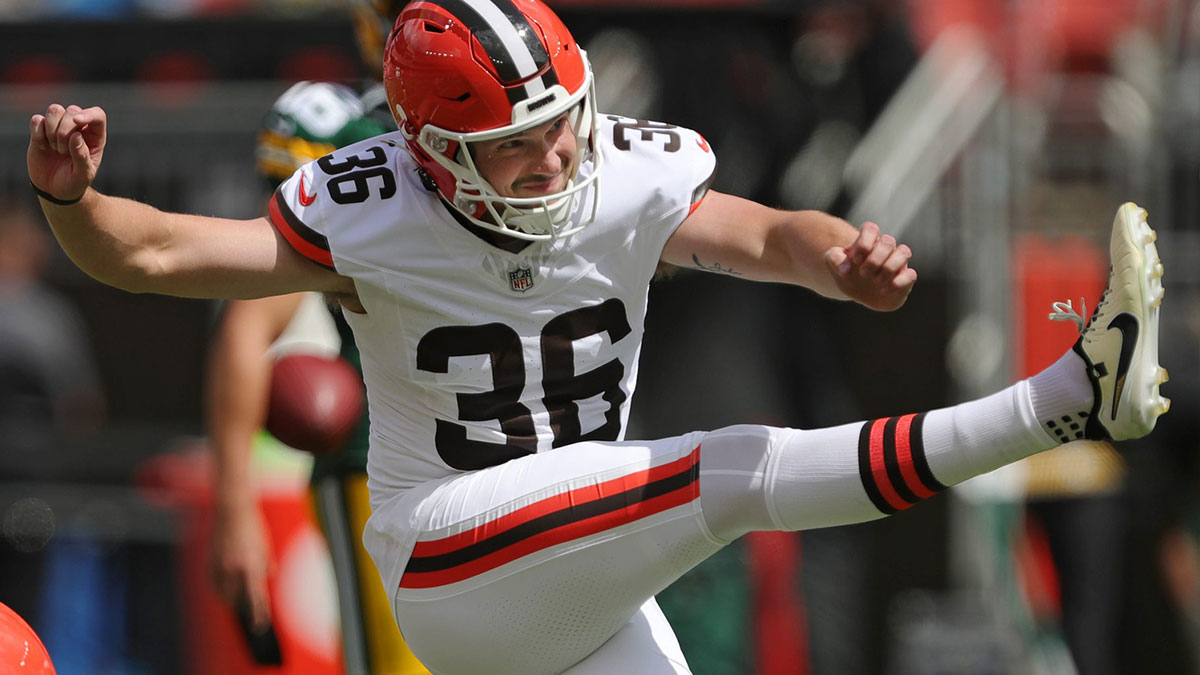 Cleveland Browns place kicker Cade York (36) warms up before an NFL preseason football game at Cleveland Browns Stadium, Saturday, Aug. 10, 2024, in Cleveland, Ohio.