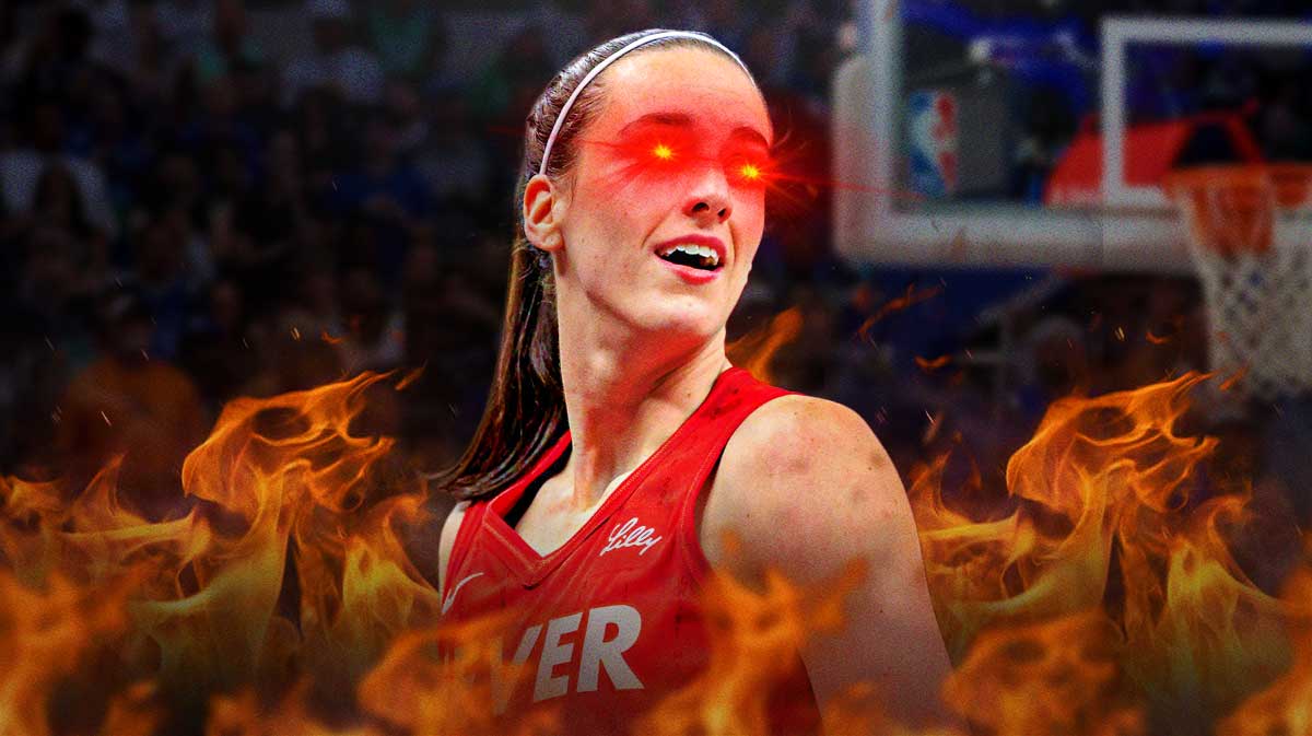 WNBA Indiana Fever player Caitlin Clark playing basketball, with flames and fire around her and red lasers coming out of her eyes