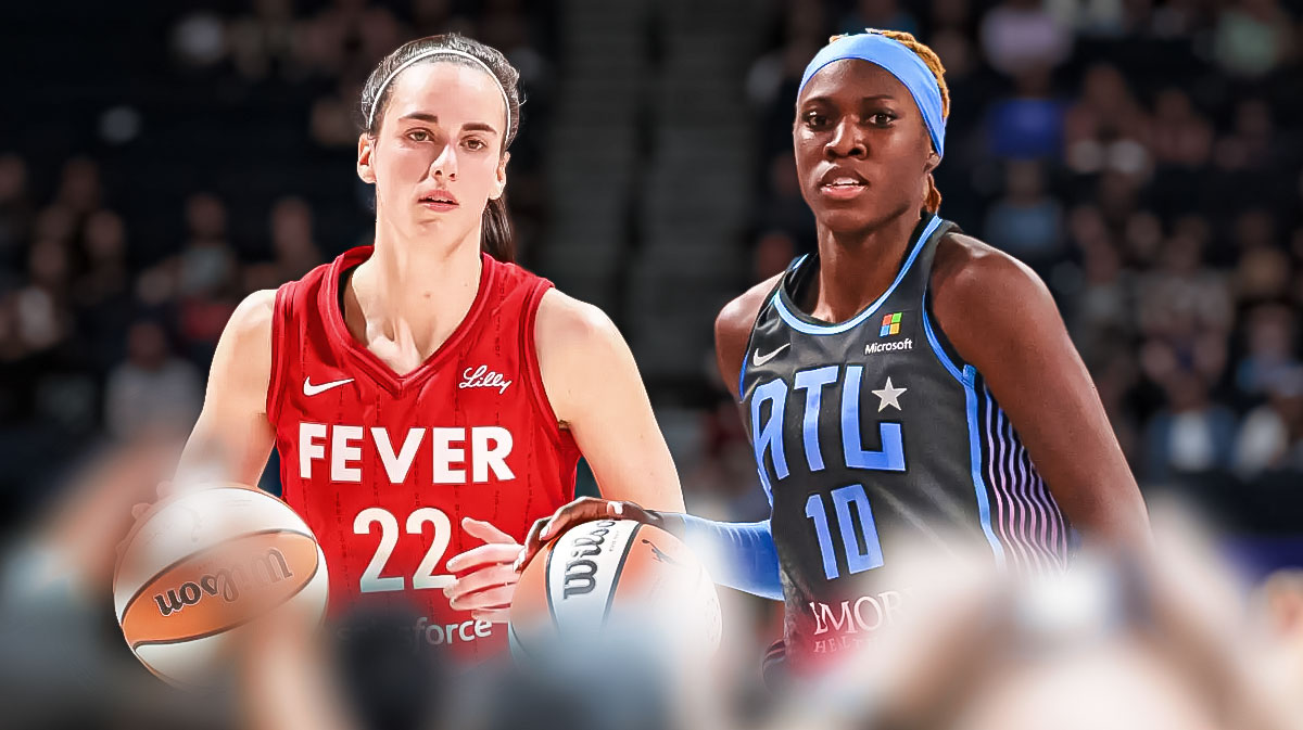 Caitlin Clark in a Fever jersey and Rhyne Howard in a Dream jersey.
