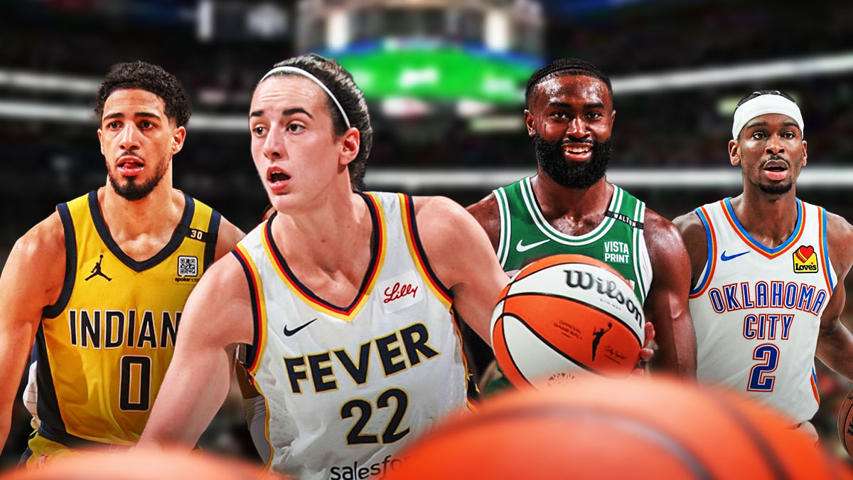 Fever's Caitlin Clark holding a basketball, with Jaylen Brown, Shai Gilgeous-Alexander, and Tyrese Haliburton alongside her
