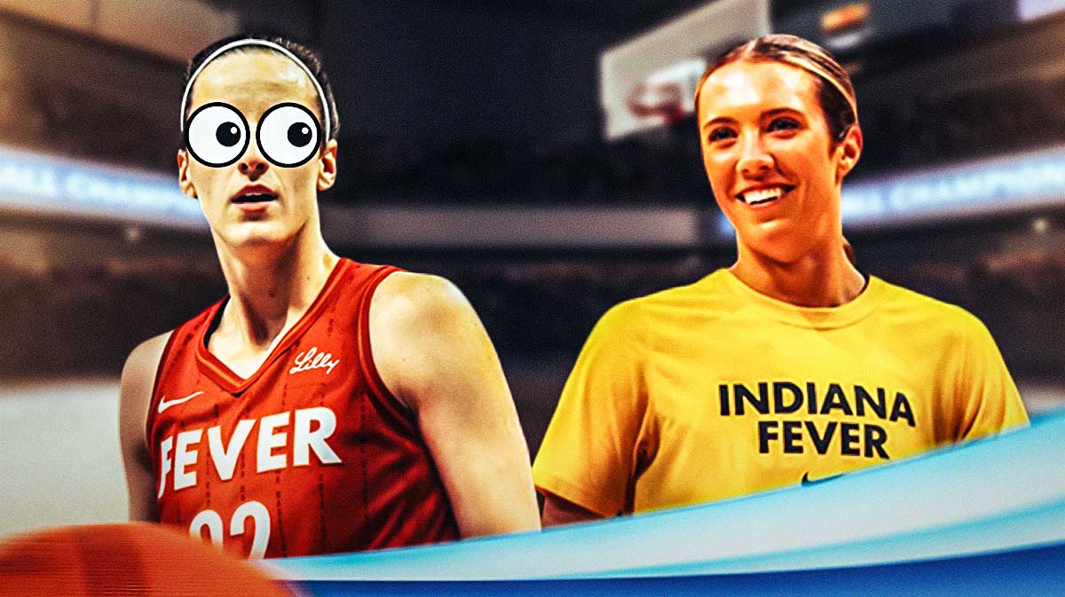 Fever players Lexie Hull on left and Caitlin Clark on right. Have Hull smiling and have Clark's eyes popping out looking at Hull.