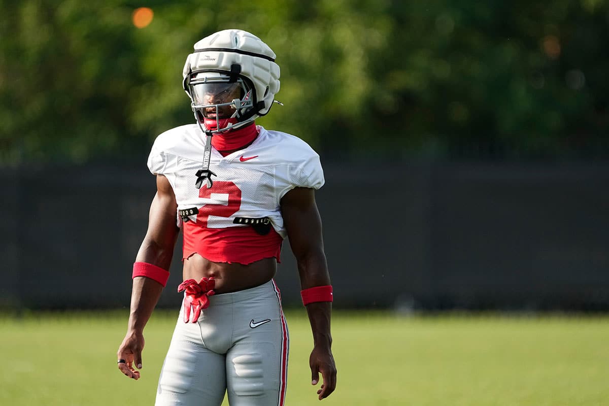 Caleb Downs (2), safety for the Ohio State Buckeyes, lines up during football practice at the Woody Hayes Athletic Complex.