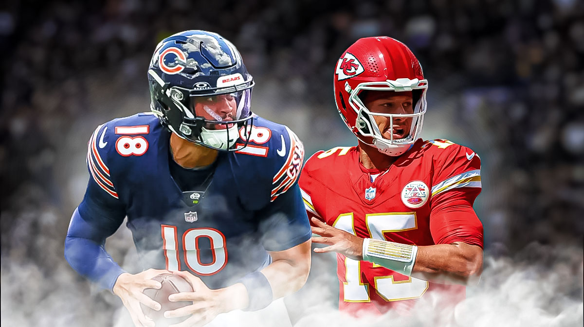 Caleb Williams in a Bears jersey and Patrick Mahomes in a Chiefs jersey.