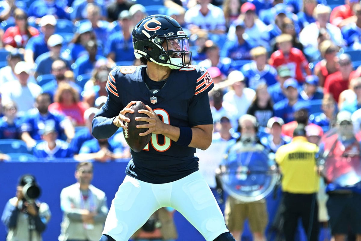 Chicago Bears quarterback Caleb Williams (18) prepares for a pass in the first quarter of a pre-season game against the Buffalo Bills at Highmark Stadium.