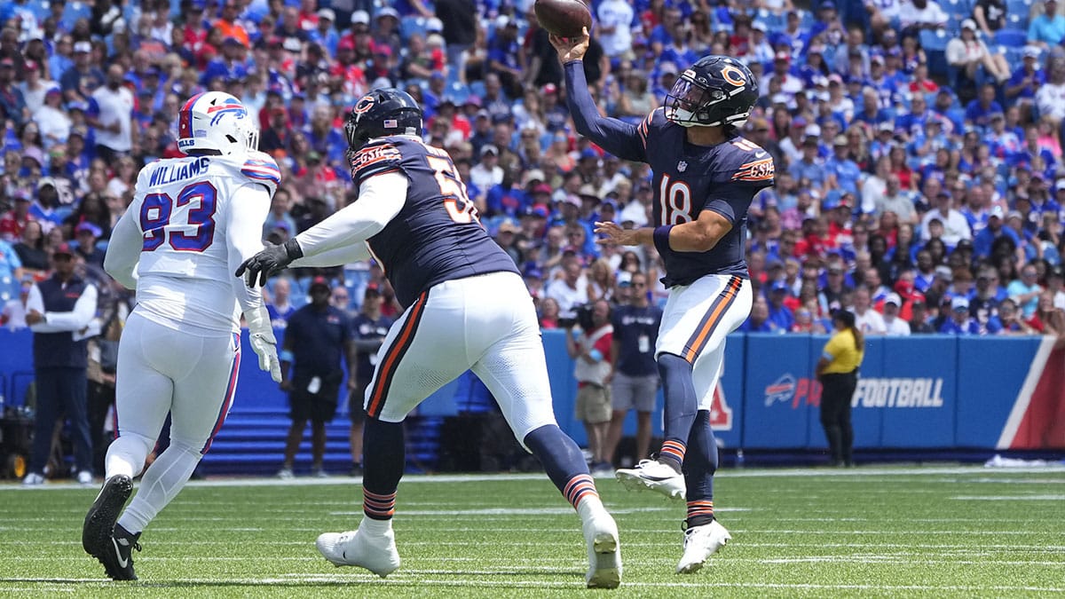 Caleb Williams throwing against the Buffalo Bills in the Bears' second preseason game on August 10.