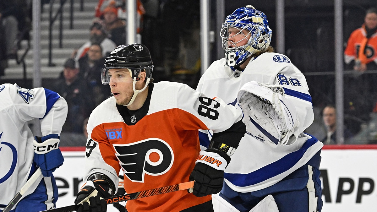 Philadelphia Flyers right wing Cam Atkinson (89) stands in front of Tampa Bay Lightning goaltender Andrei Vasilevskiy (88) during the first period at Wells Fargo Cente