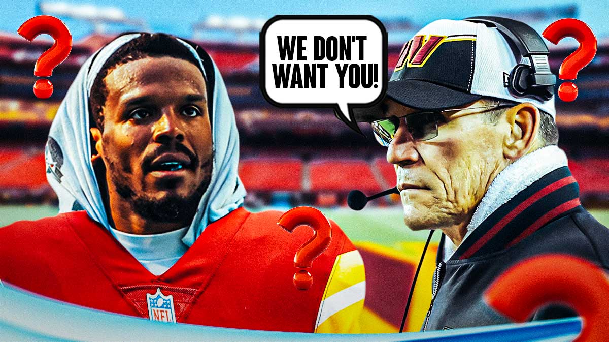 Cam Newton in a Washington Commanders jersey, surrounded with question marks, standing next to Ron Rivera, who has a speech bubble that says, 'We don't want you!', featuring a Commanders-colored background.