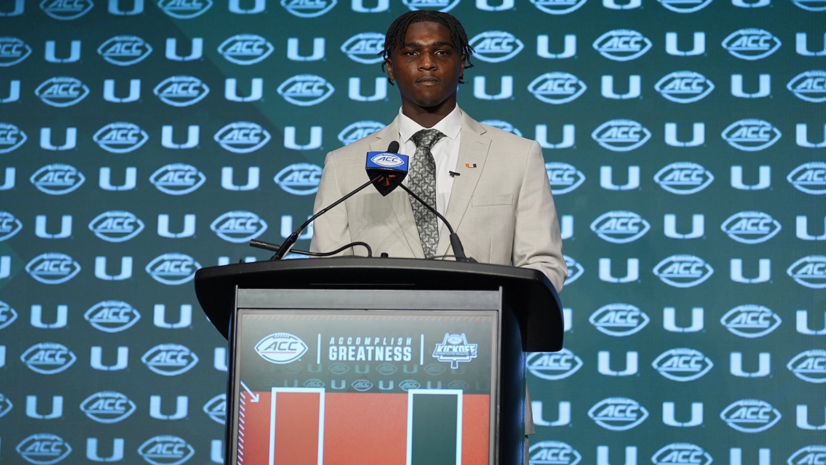 Miami Hurricanes quarterback Cam Ward speaks to the media during the ACC Kickoff at Hilton Charlotte Uptown.