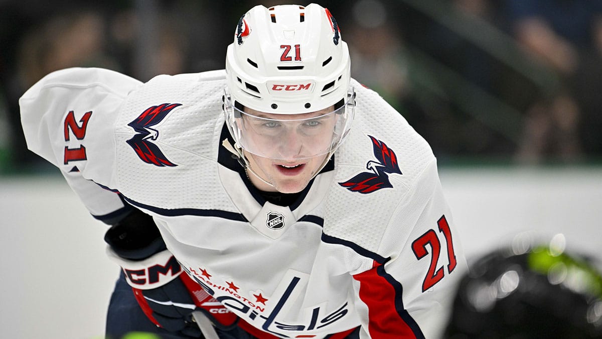 Washington Capitals center Aliaksei Protas (21) during the game between the Dallas Stars and the Washington Capitals at the American Airlines Center.