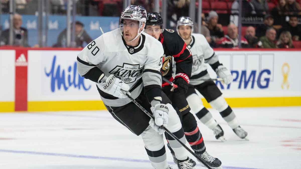 Los Angeles Kings center Pierre-Luc Dubois (80) skates with the puck in the second period against the Ottawa Senators at the Canadian Tire Centre.