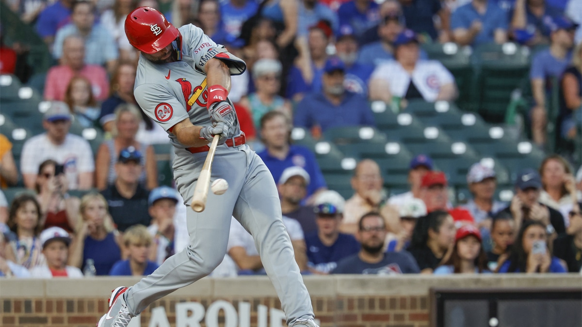 St. Louis Cardinals first baseman Paul Goldschmidt (46) hits a solo home run against the Chicago Cubs during the first inning at Wrigley Field. 