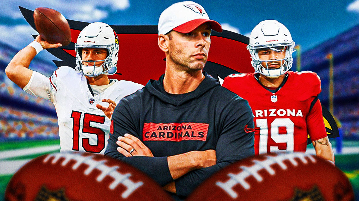 Arizona Cardinals head coach Jonathan Gannon with backup QBs Clayton Tune and Desmond Ridder. There is also a logo for the Arizona Cardinals.