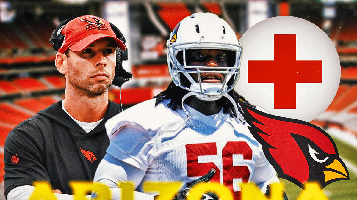 Arizona Cardinals head coach Jonathan Gannon with defensive lineman Darius Robinson. Robinson has an injury symbol next to him. There is also a logo for the Arizona Cardinals.