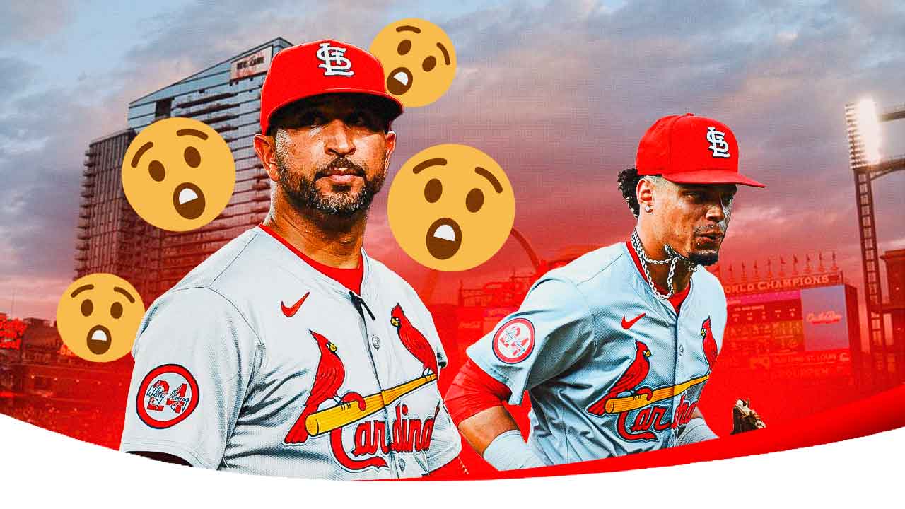 Oliver Marmol looking surprised, with astonished emojis all over him, with Cardinals' Masyn Winn smiling on the side