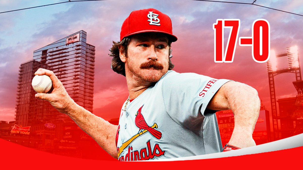 Miles Mikolas pitching in a St. Louis Cardinals uniform with: 17-0 in the corner as the pitcher believes the Cardinals can win 17 straight games to make the playoffs.