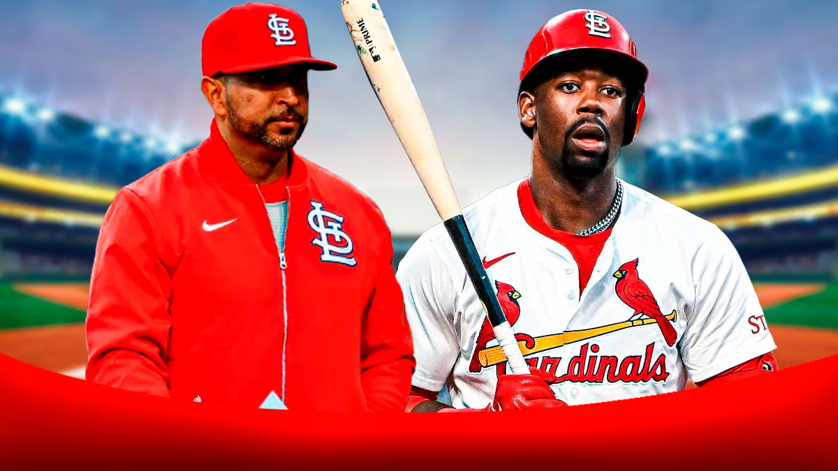 St. Louis Cardinals manager Oli Marmol and star Jordan Walker in front of Busch Stadium.