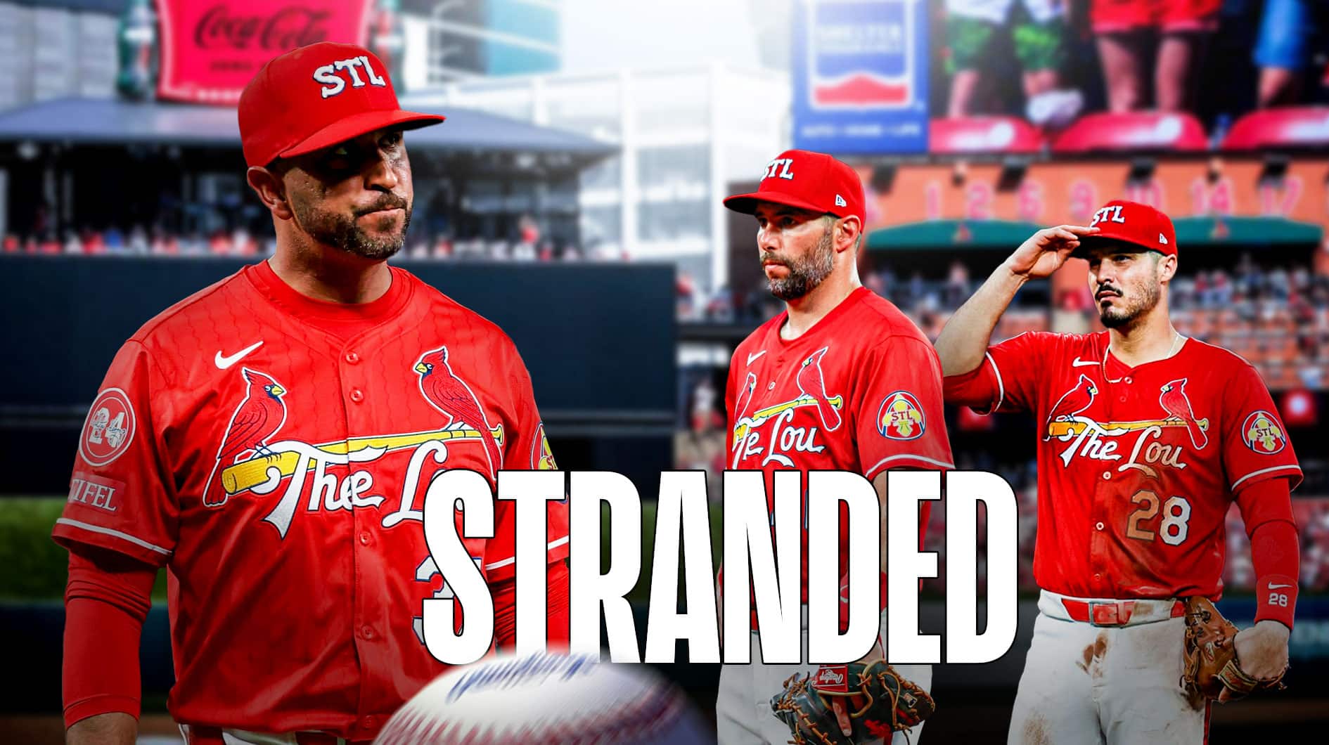 Cardinals' Oliver Marmol, Paul Goldschmidt, and Nolan Arenado looking sad, with caption below: STRANDED