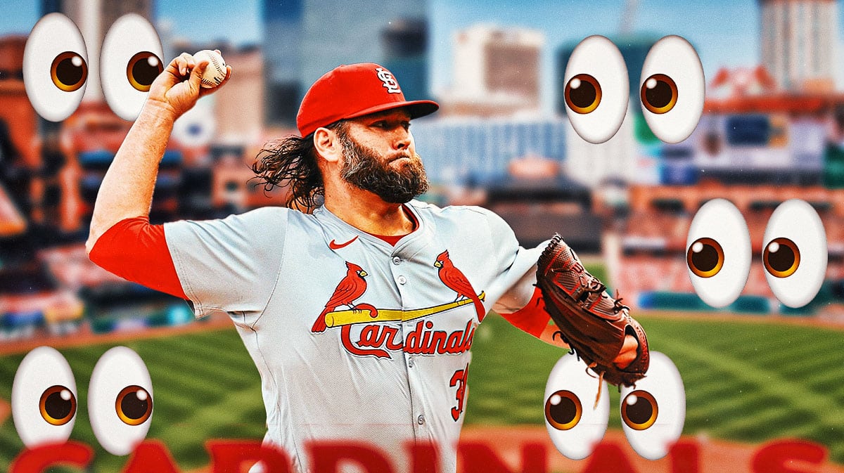 Cardinals Lance Lynn pitching a baseball at Busch Stadium. Place the eyes emoji all over the image looking at Lynn.