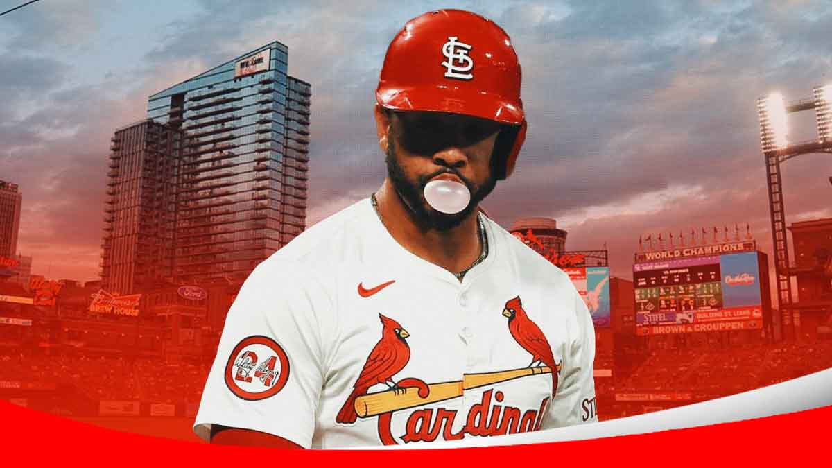 St. Louis Cardinals star Tommy Pham in front of Busch Stadium.