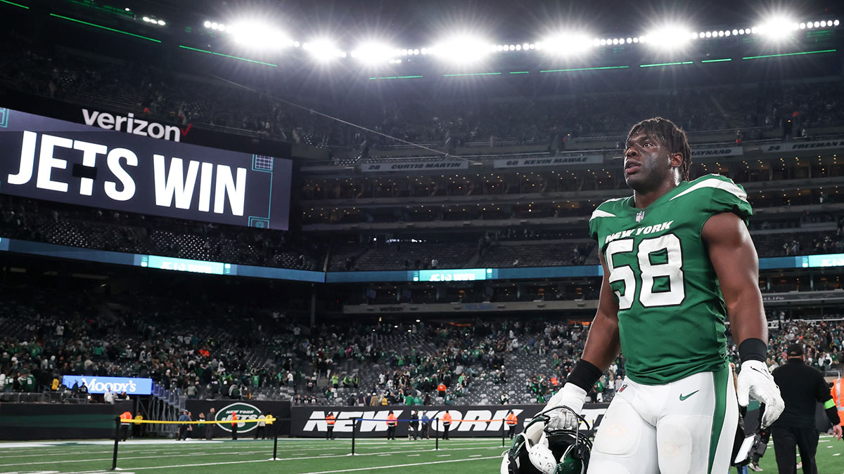 New York Jets defensive end Carl Lawson (58) on the field after defeating the Philadelphia Eagles at MetLife Stadium.