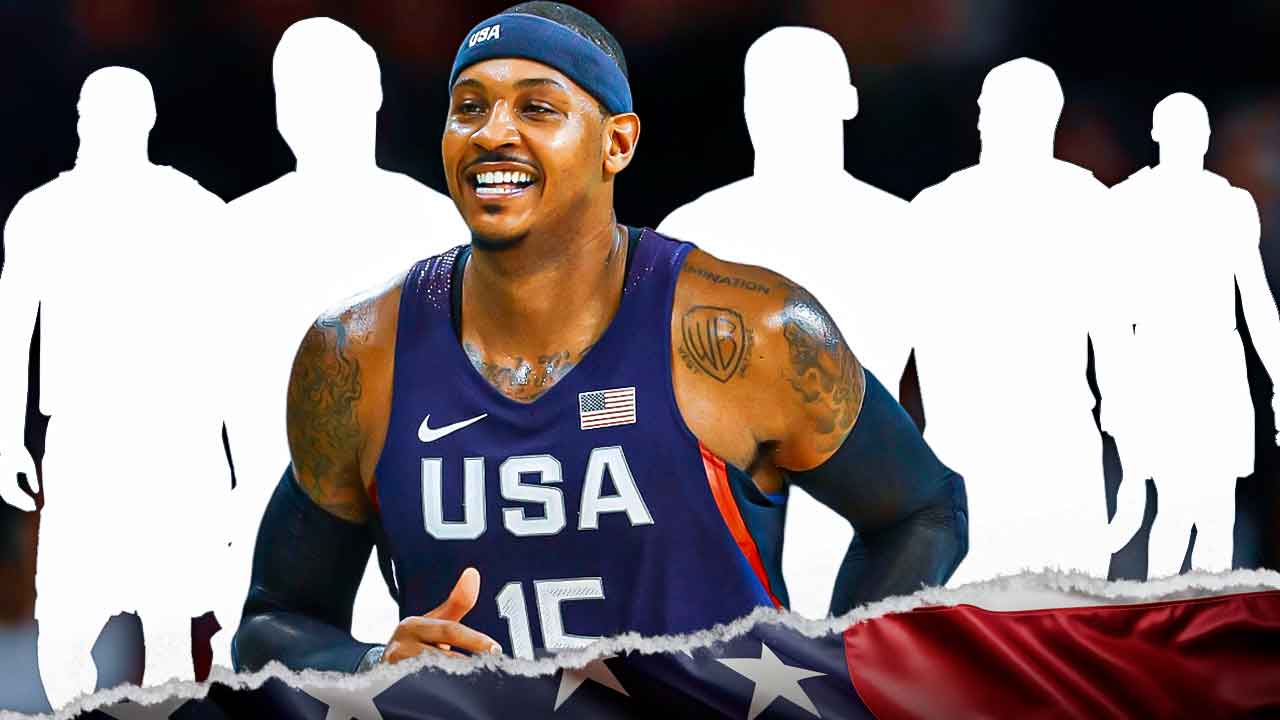 Carmelo Anthony wearing Team USA jersey, then silhouette of KD, Kobe, LeBron, Charles Barkley and Melo on the background.