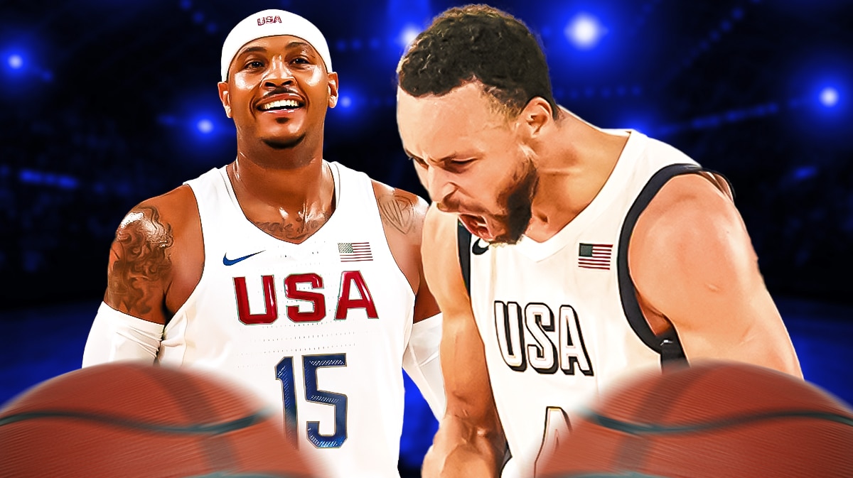 Steph Curry celebrating with Carmelo Anthony in the background, both players in Team USA uniforms